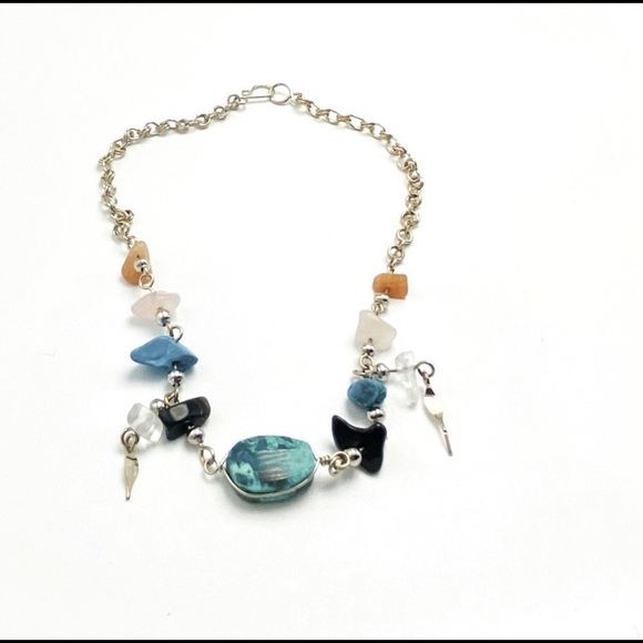 Artisan Gemstone Chrysocolla Onyx Turquoise Quartz Silver Chain Anklet Bracelet - Picture 7 of 13